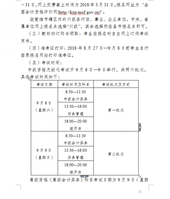 2018年云南楚雄州中级会计职称考试报名通知