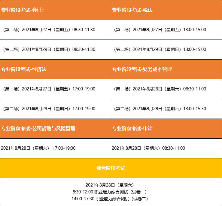 2021年注册会计师考试时间和科目